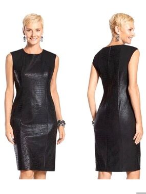 Chico’s Black Snakeskin Embossed Faux Leather Ponte Jackie Dress Sz Medium 8 NEW